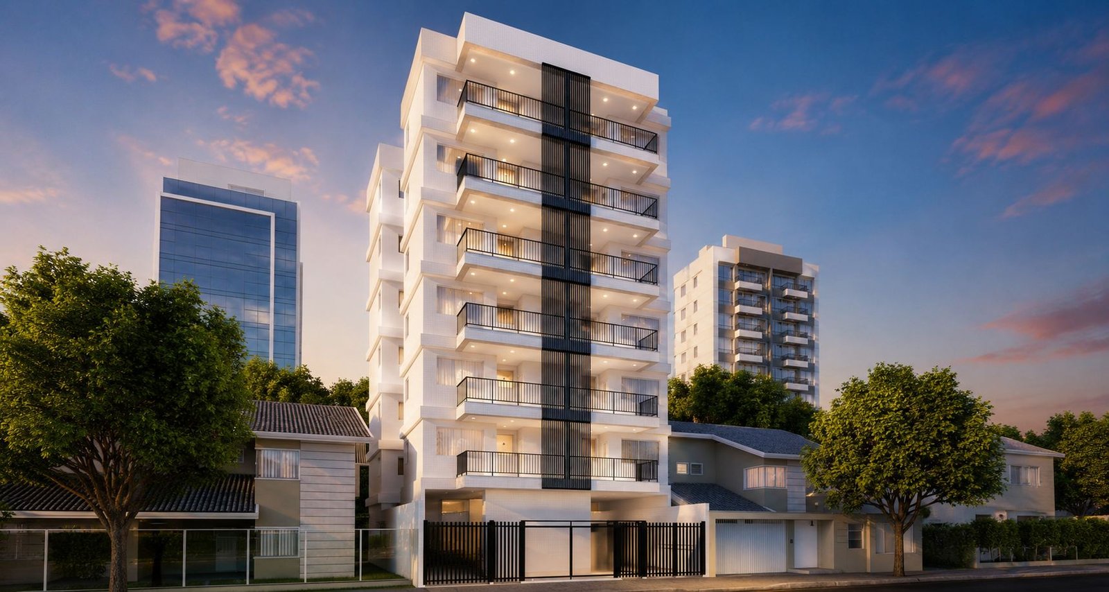 Fachada do BRIZZI lofts ao entardecer
