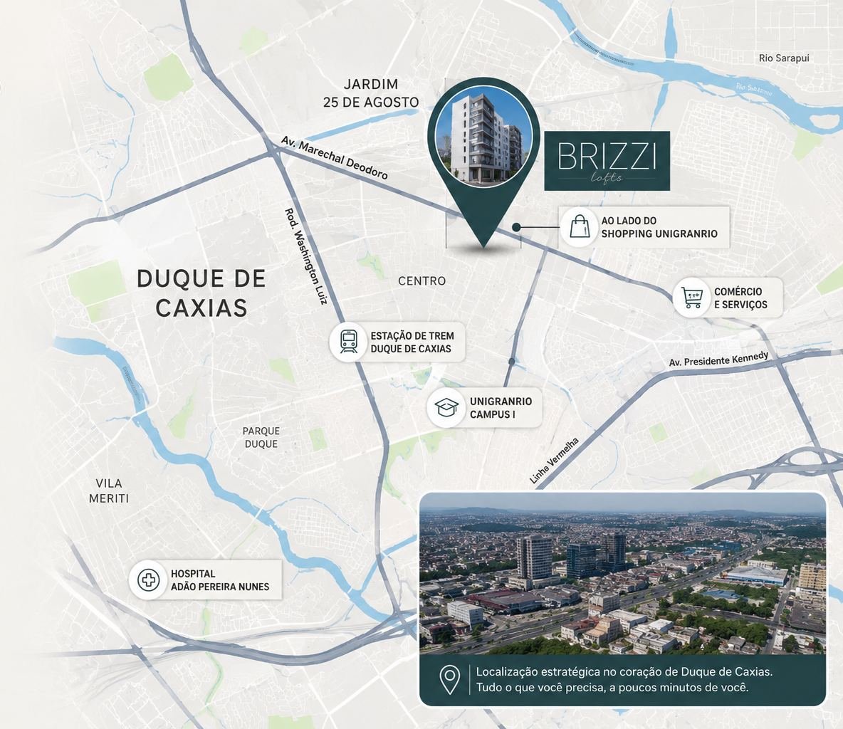 Mapa de localização do BRIZZI lofts em Duque de Caxias, ao lado do Shopping Unigranrio