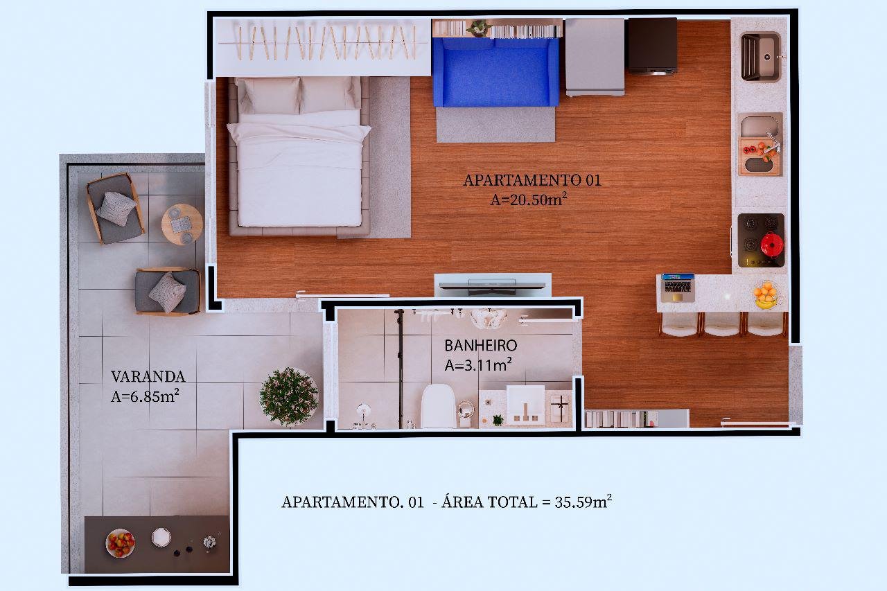Planta humanizada do Studio A, 34,68 m²