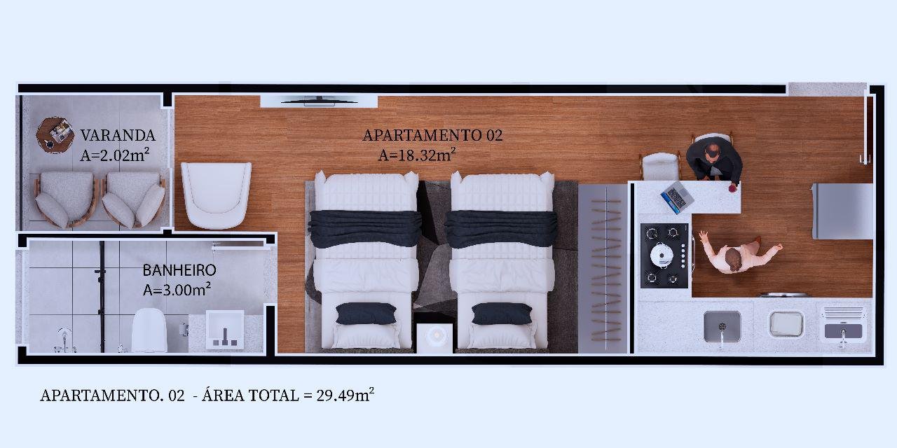 Planta humanizada do Studio B, 29,26 m²