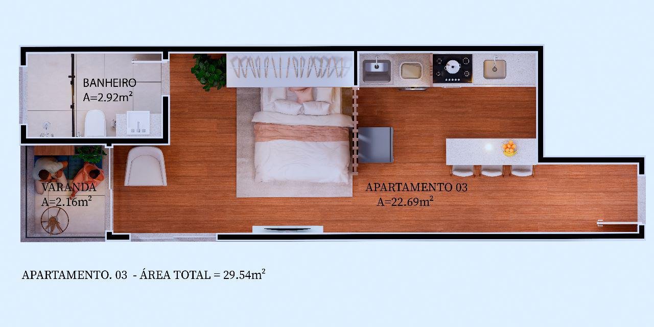 Planta humanizada do Studio C, 26,30 m²